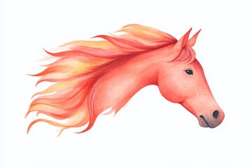 A vibrant watercolor illustration of a horse's head with flowing mane, featuring warm peach and pink hues.