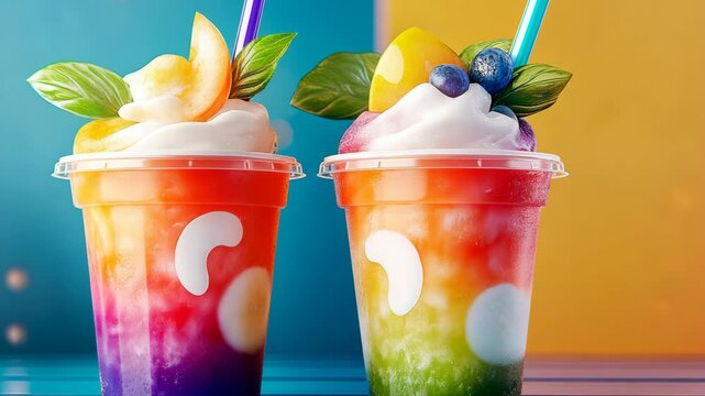 Two colorful drinks with straws in them. One is blue and the other is yellow. The drinks are in cups with a white label