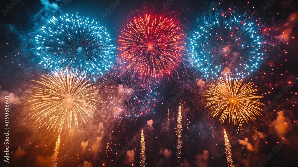 Poster vibrant fireworks display exploding in night sky.