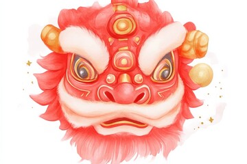 Naklejka premium A vibrant illustration of a traditional Chinese lion dance mask, featuring vivid colors and intricate designs, symbolizing good fortune and celebration.