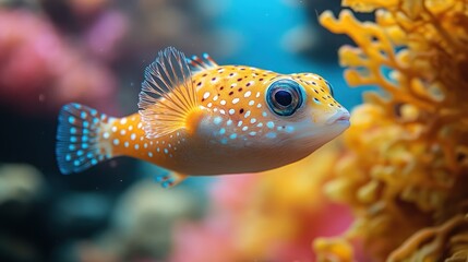 Obraz premium Vibrant orange and blue spotted pufferfish swimming near coral reef.
