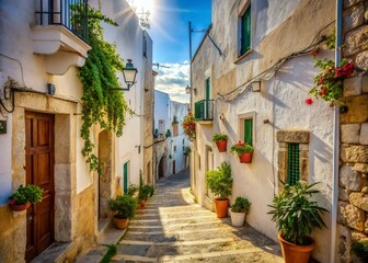 Naklejka premium Charming Alleyway in Peschici, Puglia, Italy: Sunlit Stone Buildings and Copy Space