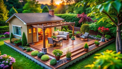 Obraz premium Charming Backyard: Spacious Wooden Deck, Patio, & Pergola - Tilt-Shift Photography