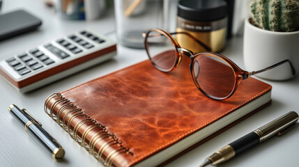 Personal objects styled as a minimalist setup with a leather-bound notebook, sleek pen, and reading glasses