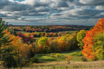 Fototapeta premium A panoramic view of a valley filled with colorful autumn foliage under a partly cloudy sky, Capture the vibrant colors of fall foliage in a scenic landscape
