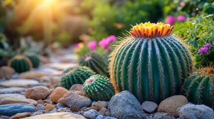 Cactus garden with golden barrel cacti and blooming flowers in a sunlit setting