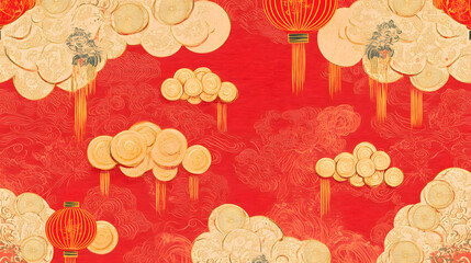 Chinese New Year vector design featuring red lanterns, golden coins, and decorative clouds on a red background with intricate patterns 