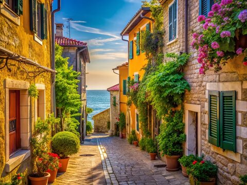 Charming Mediterranean Houses Line a Picturesque Street in Umag, Croatia