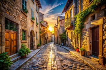 Fototapeta premium Charming Narrow Street in Historic Old Town - Cobblestone Pathway and Aged Buildings
