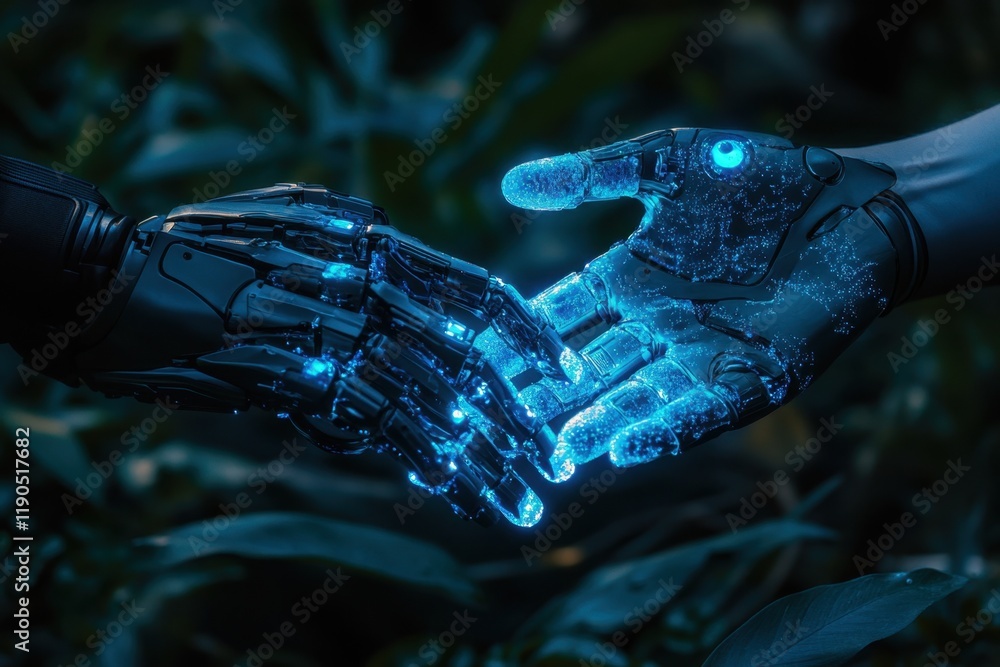 Poster two robotic hands connect in a futuristic setting with glowing blue elements
