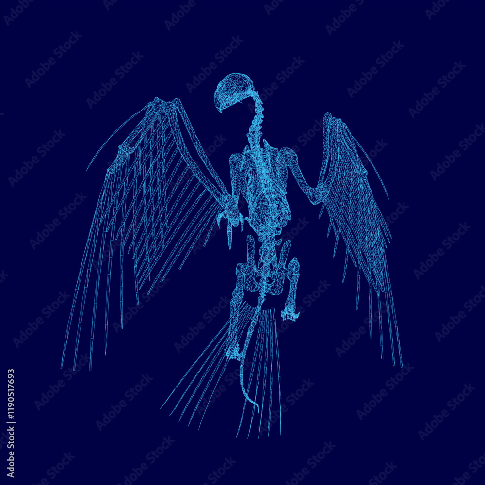Poster blue image of a skeleton bird is displayed. the bird is positioned in the center of the image, with 