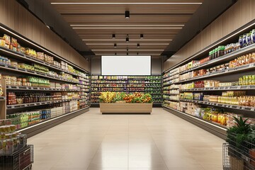 Realistic supermarket interior with shelves and large blank billboard in the center.