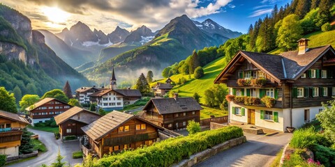 Charming Swiss Village: Traditional Houses & Alpine Scenery - Stock Photo