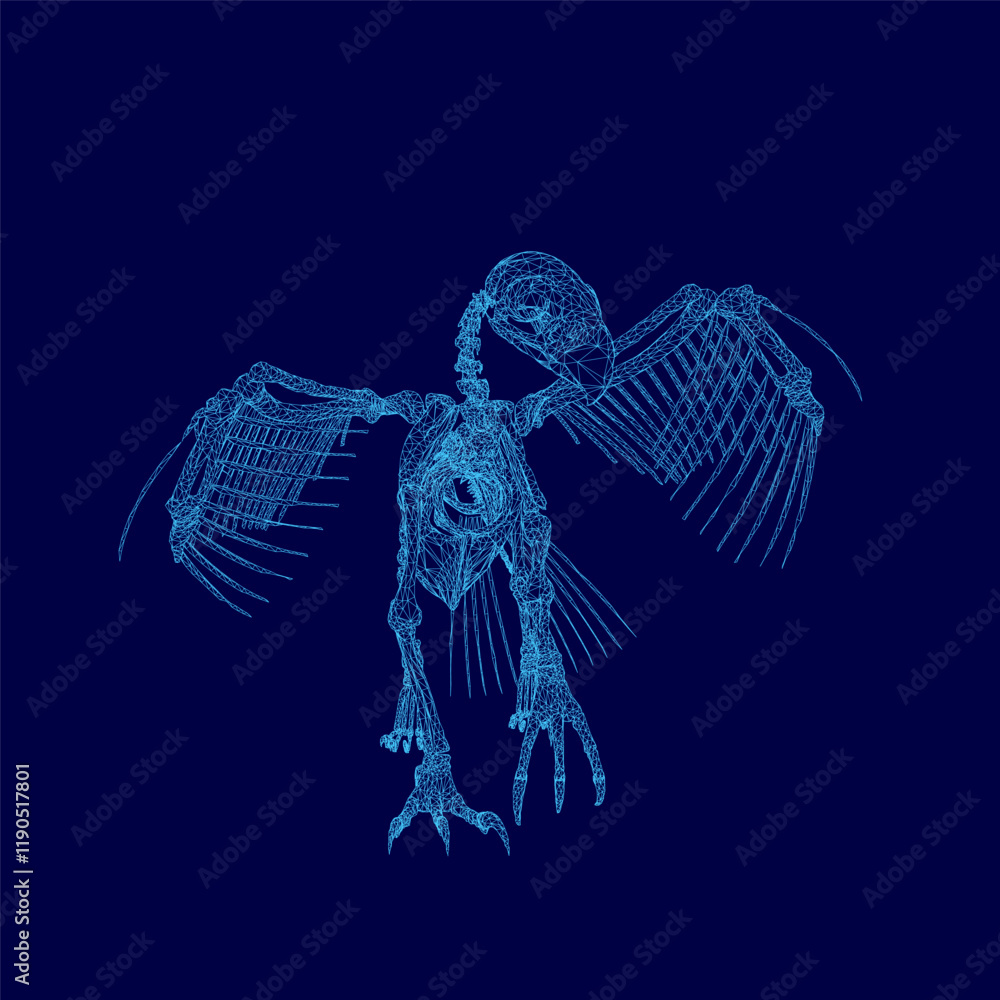 Poster skeleton of a bird is shown in blue. the skeleton is in a very detailed and realistic manner. the im