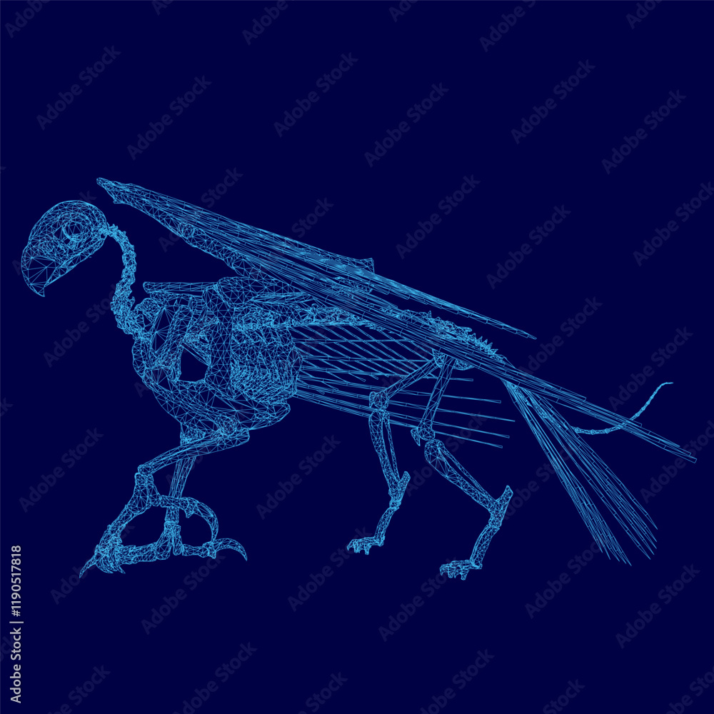 Poster blue image of a bird skeleton. the skeleton is shown in a very detailed and intricate way, with each