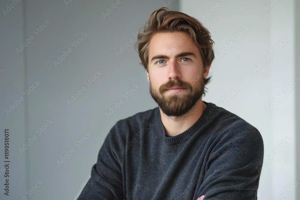 Poster handsome caucasian man with beard leading development of revolutionary mobile app interface