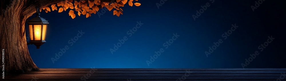 Poster night lantern: a warm, inviting lantern hangs from an old tree, casting a soft glow against a deep b