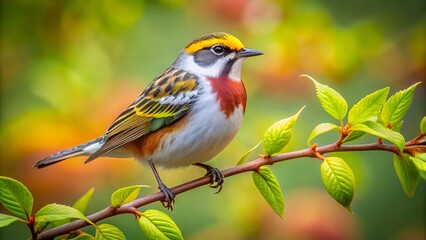 Fototapeta premium Chestnut-sided Warbler in Spring Woods - Panoramic Migration Photo