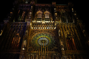 Rose window detail of Strasbourg Cathedral in the night, Alsace, France