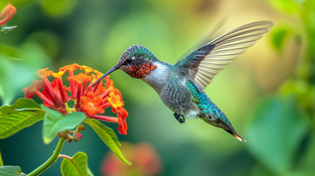 A colorful hummingbird hovers in mid-air, delicately sipping nectar from bright orange flowers surrounded by green foliage - Generative AI