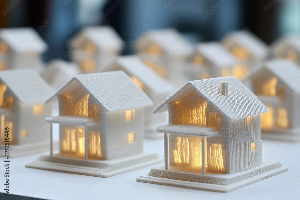 Aufkleber 3d printed houses glow softly with warm light in a creative display