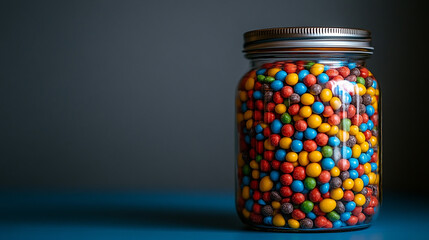 A jar is filled with colorful candy-coated chocolates