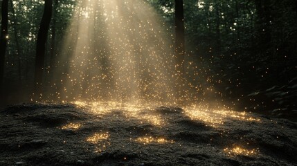 Naklejka premium Magical sunbeams illuminating forest floor dust.