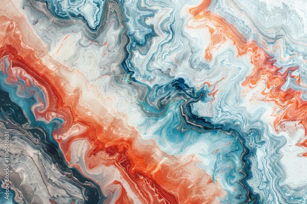 Poster abstract, fluid marble texture with contrasting blue and orange swirls, creating a dynamic and capti
