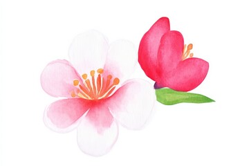 Fototapeta premium A delicate watercolor illustration of pink and red flowers with green leaves on a white background, showcasing natural beauty and artistic flair.