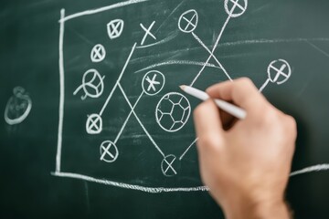 Hand drawing soccer tactics on chalkboard diagram of players and strategic movements