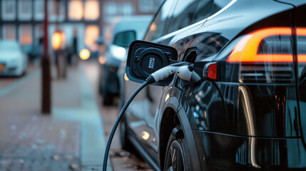 Obraz premium A sleek electric vehicle is connected to a charging station on a busy street, illuminated by evening lights, showcasing urban life and sustainability - Generative AI