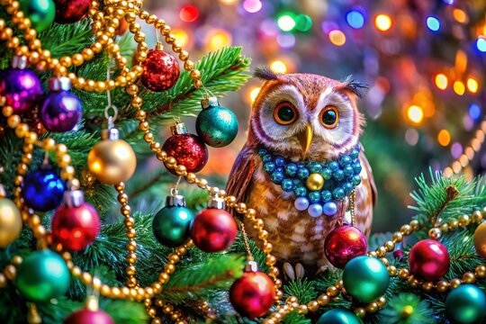 Christmas Owl Double Exposure Puzzle: Find 7 Differences - Festive Glass Bead Garland