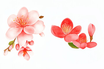 A beautiful illustration featuring delicate pink and red flowers, showcasing their intricate petals and green leaves against a white background.