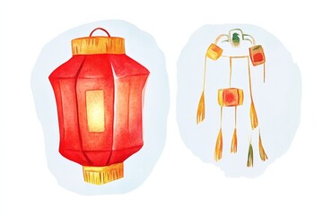 A vibrant red lantern illuminated at its center, paired with a decorative hanging ornament featuring colorful elements, evoking a festive atmosphere.