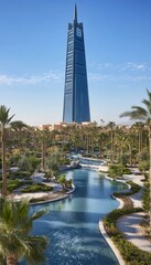 Naklejka premium Modern Skyscraper Towering Over Lush Park with Serene Water Feature, Riyadh, Saudi Arabia