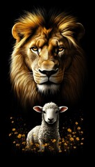 Fototapeta premium Majestic Lion and Gentle Lamb A Symbol of Harmony, Peace, and Spiritual Unity on Black Background