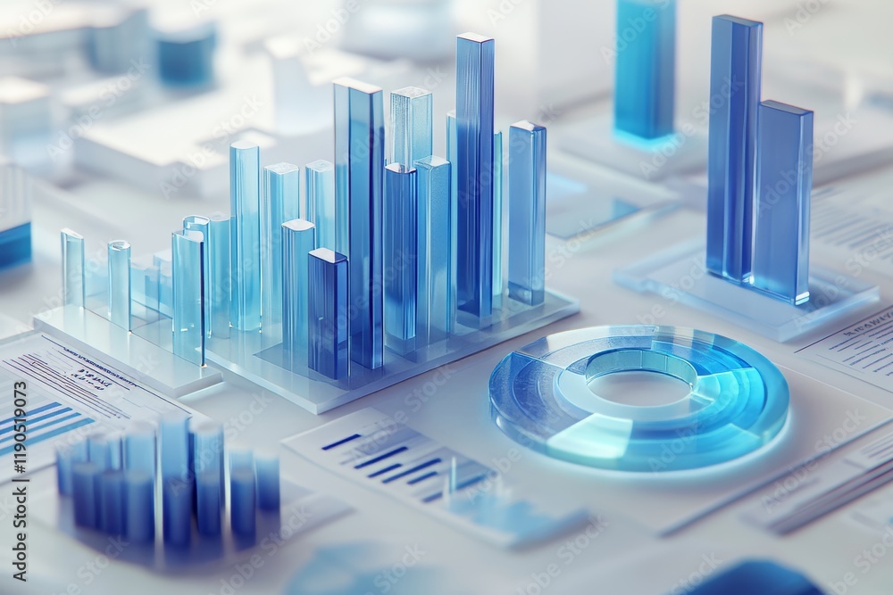 Poster realistic 3d data visualizations over financial reports bar graphs, pie charts, and line graphs