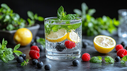  A glass of water is garnished with lemon slices, berries, and mint, set amidst fresh ingredients
