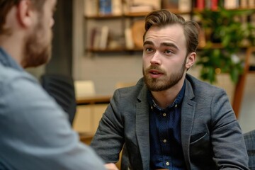 Fototapeta premium Handsome Caucasian Man with Beard in Business Interview with Manager in Office Setting