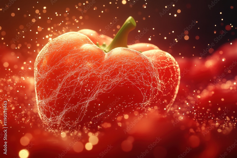 Poster Red bell pepper illuminated with sparkling background in vibrant setting
