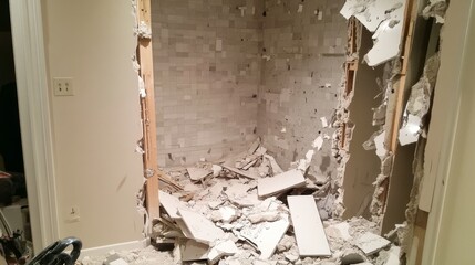 Master bathroom remodeling demolition phase. The bathroom is being stripped to stud walls and subfloor, with tiles and wallpaper being removed for a complete renovation process