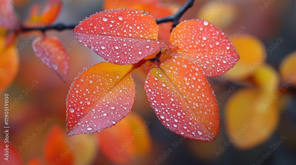 Poster close-up of vibrant autumn leaves adorned with sparkling water droplets on a branch with blurred bok