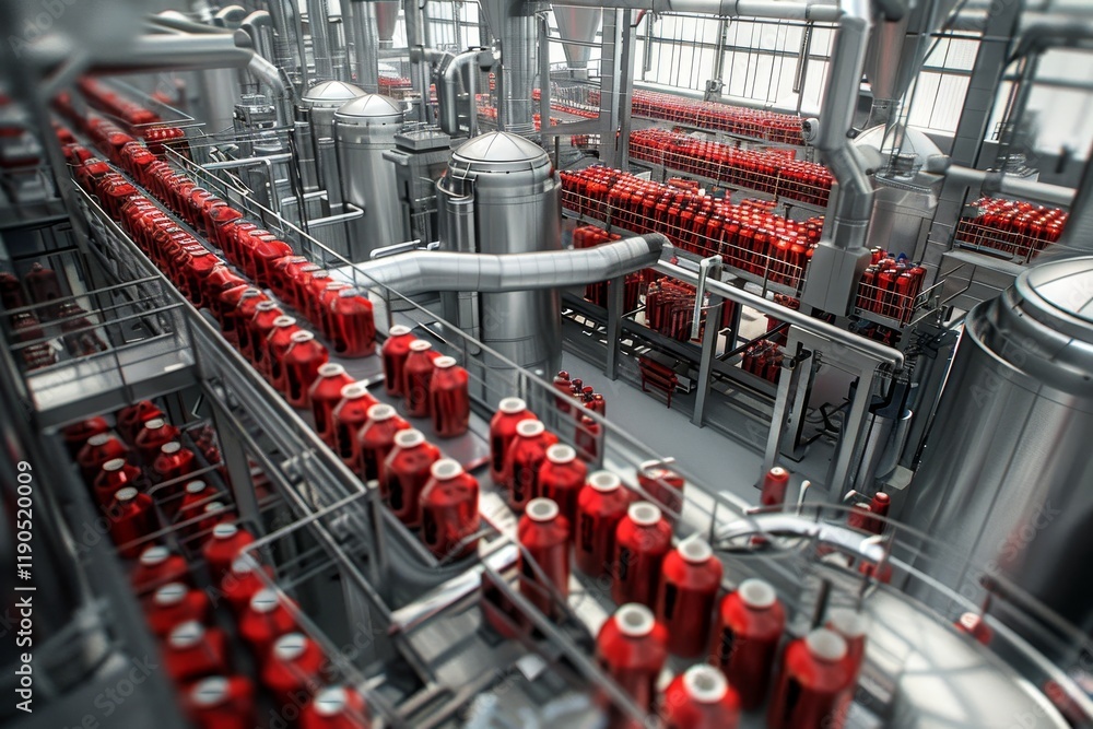 Poster aerial view of factory with rows of red cylinders on conveyor belts showcasing scale and organizatio