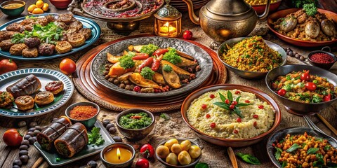 Arabian Feast: A Lavish Spread of Middle Eastern Delicacies on a Traditional Table
