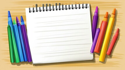 Blank notepad with colorful crayons on wooden desk.