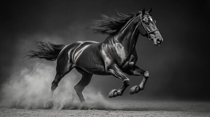 Naklejka premium Majestic black stallion galloping, dust flying, monochrome.