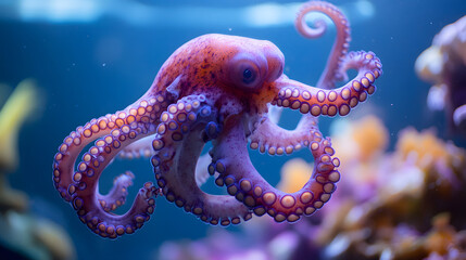 Banner for an aquarium, showcasing exotic marine life and interactive exhibits, octopus in aquarium
