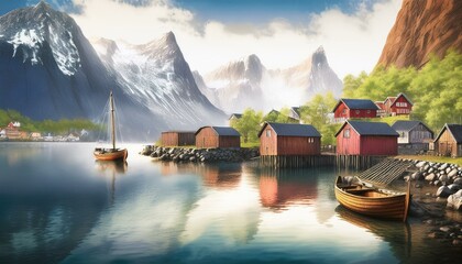 Nordic village by a fjord with wooden cottages 