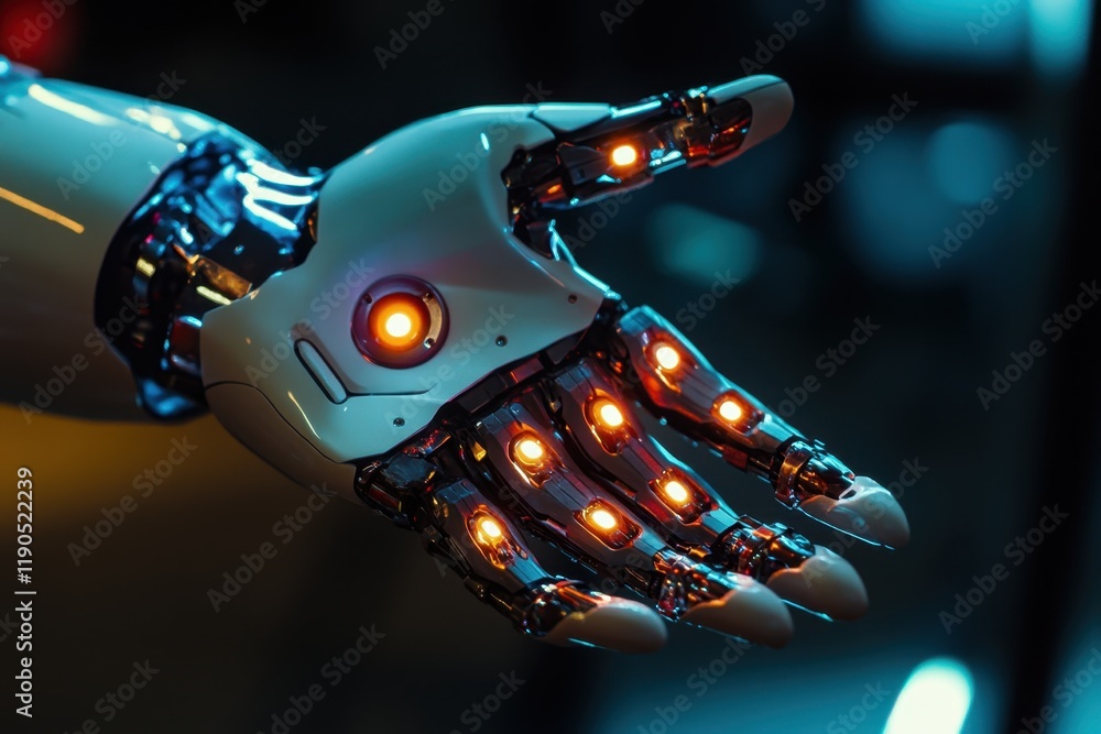 Aufkleber robotic hand with glowing elements showcasing advanced technology in a dimly lit environment