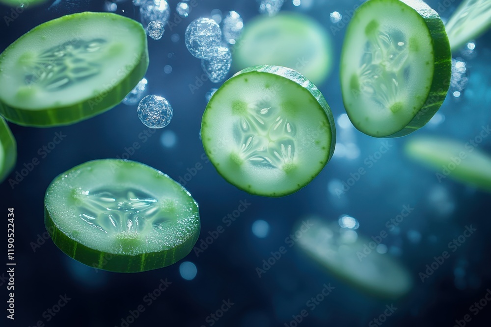 Poster slices of cucumber floating in water with bubbles during a serene underwater moment